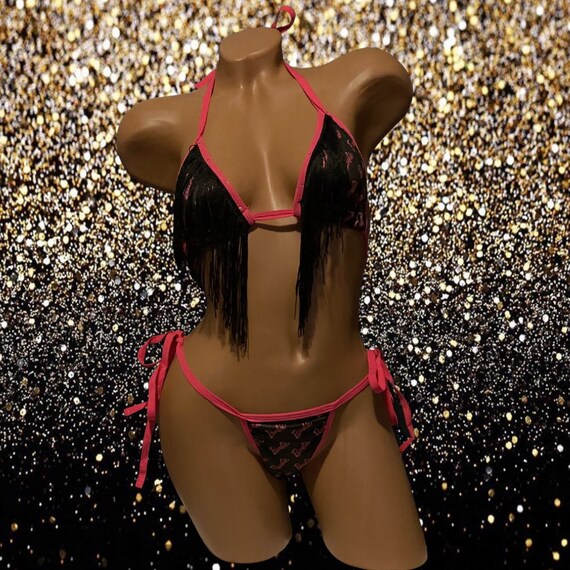 Exotic Dancewear Two Piece Adjustable Thong Set with Fringe and Rhinestones