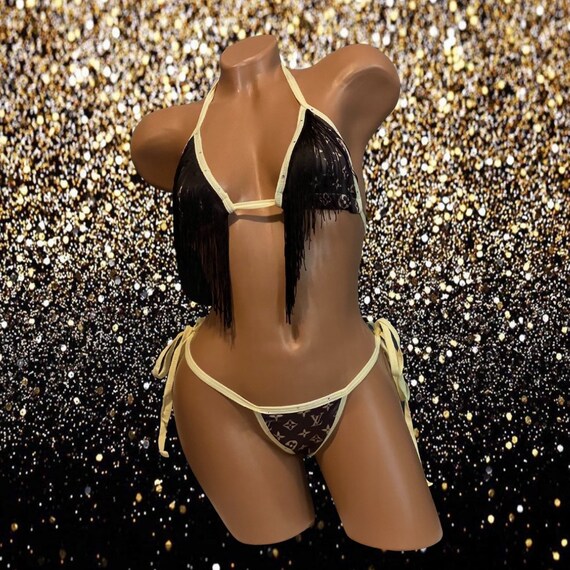 Exotic Dancewear Two Piece Adjustable Thong Set with Fringe and Rhinestones