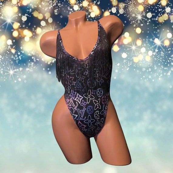 Exotic Dancewear Adjustable Bodysuit with Fringe and Rhinestones
