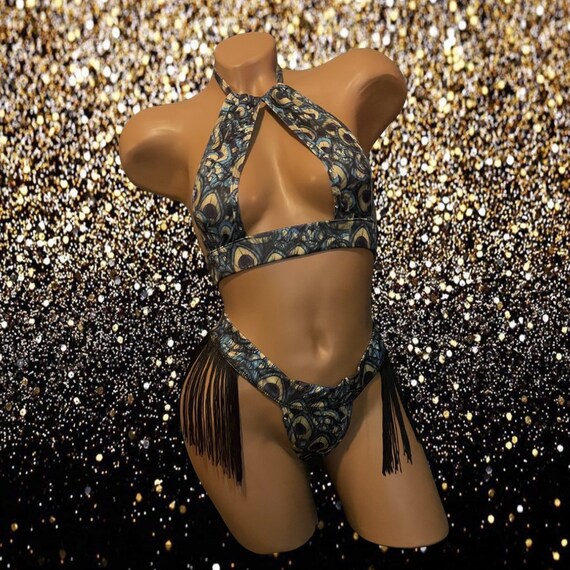 Exotic Dancewear Two Piece Thong Set with Rhinestones and Fringe