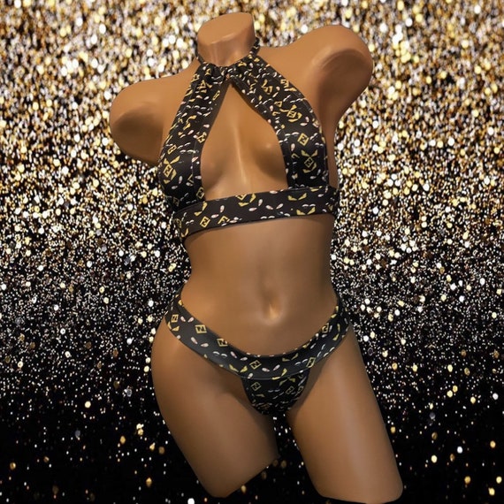 Exotic Dancewear Two Piece Thong Set with Rhinestones