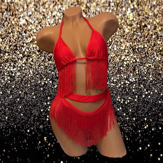 Exotic Dancewear Two Piece Thong Set with Fringe