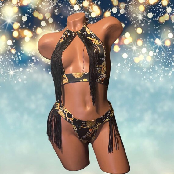 Exotic Dancewear Two Piece Thong Set with Rhinestones and Fringe