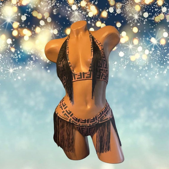 Exotic Dancewear Two Piece Thong Set with Rhinestones and Fringe