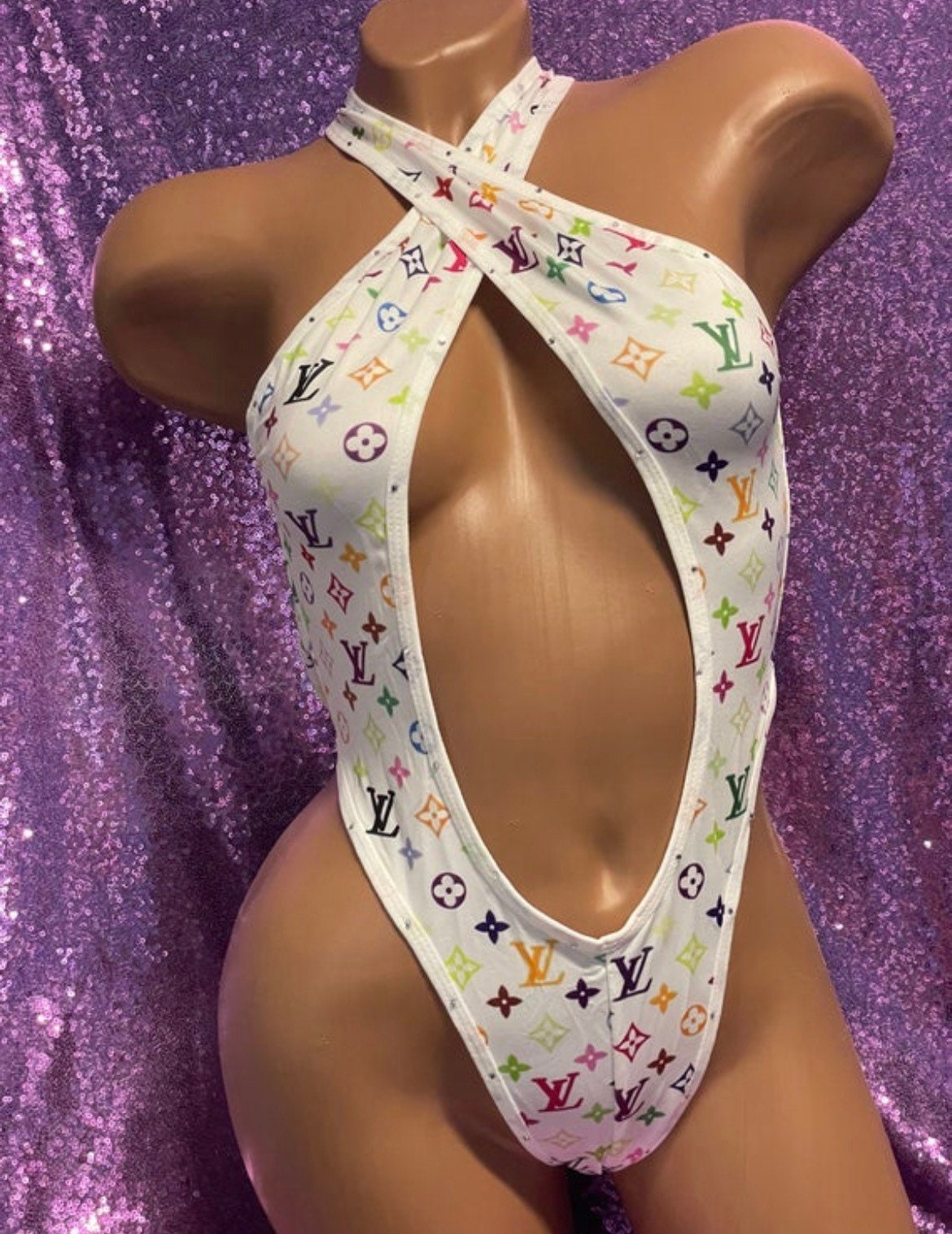 Exotic Dancewear Bodysuit with Rhinestones
