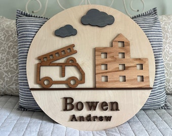 Natural Wood Name Sign/Firetruck, Laser Engraved, Nursery Decor, Customized Round Name Sign, Minimalist Baby Sign, Neutral Style Nursery