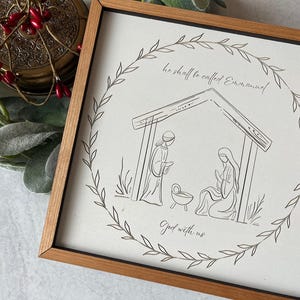 Wood Engraved Nativity Sign: Minimalist Manger Scene