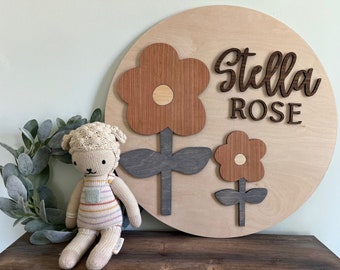 Natural Wood Name Sign/Double Flower, Laser Engraved, Nursery Decor, Customized Round Name Sign, Minimalist Baby Sign, Neutral Style Nursery