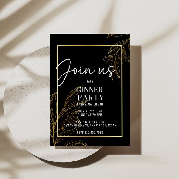 Gold Dinner Party Invitation, Black and Gold Dinner and Drinks Invite, Customized Digital Download