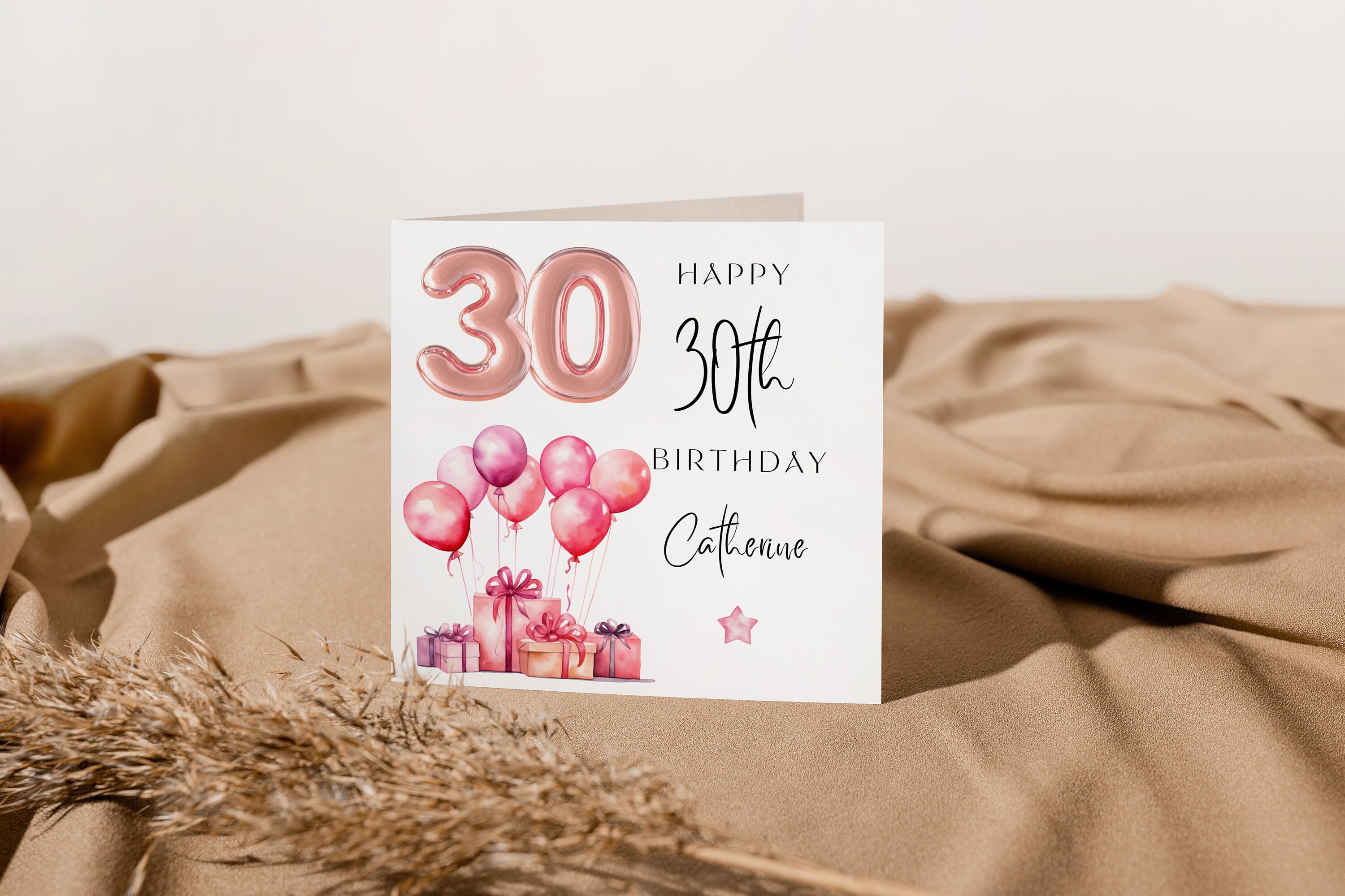 Pink 30th Birthday Card, Pink Balloons & Presents, Personalised Name ...