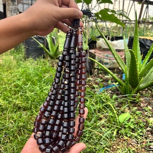 May include: A collection of dark amber-colored prayer beads, each bead is a square shape. The beads are strung together on a black string, held in a hand against a backdrop of green foliage and grass.