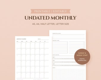 Undated A5 Monthly Planner Printable, Month at a Glance, Minimal Calendar Template, Planner Inserts, Editable, A4 Half Letter US Letter Size