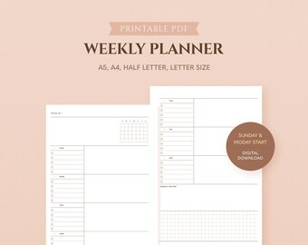 Minimalist Weekly Printable Planner Inserts | Week on 2 Pages | Undated Weekly Journal | Weekly Review | A5, A4, Half Letter PDF Template