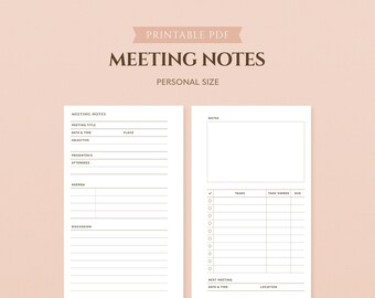 Personal Meeting Notes Printable Inserts | Work Planner Pages | Discussion Notes Template | Action Plan | Note Taking | Project Planner