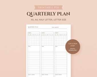 Minimal Quarterly Planner Printable | Quarterly Organizer | Undated Yearly Overview Template | 3 Month Goal Setting Template | A5 Half size