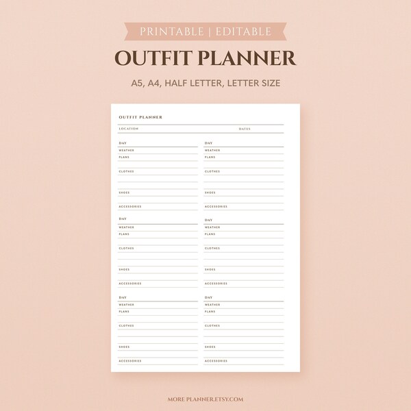 A5 Travel Outfit Printable Planner Inserts | Vacation Outfits | Travel Diary Template | Minimal Outfit Planner | Holiday Organization Pages