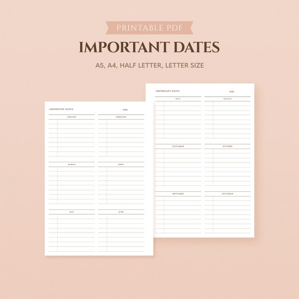 Yearly Important Dates Printable Planner Inserts | Birthday, Anniversary, Event Tracker | Appointment Reminder | Minimal List Template PDF