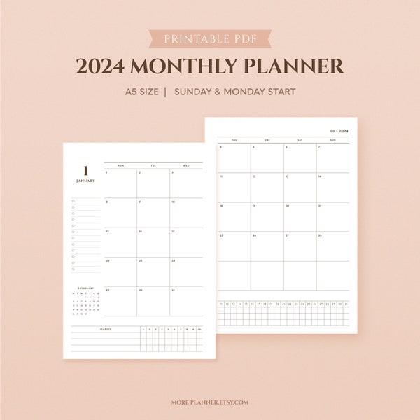 A5 2024 Monthly Printable Planner with Habit Tracker, Minimal Month on 2 Pages, 2024 Dated Calendar, Month at a Glance, Journal Inserts, PDF