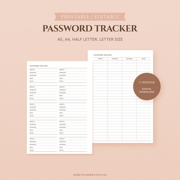 A5 Minimal Password Tracker Printable, Password List Keeper Template, Password Log, Password Organizer, Fillable PDF, Planner Inserts