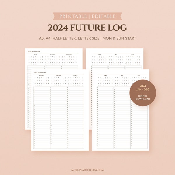 2024 Future Log Printable Planner Refills | A5 Minimal Bullet Journal Inserts | Quarterly Overview | Year at a Glance | Yearly Calendar Pdf