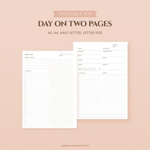 Minimalist Day on Two Pages Printable Planner Inserts | Hourly Daily Scheduler | A5, A4, Half Letter Productivity Planner | To Do List, Note