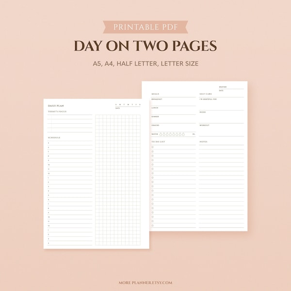 Minimalist Day on Two Pages Printable Planner Inserts | Hourly Daily Scheduler | A5, A4, Half Letter Productivity Planner | To Do List, Note