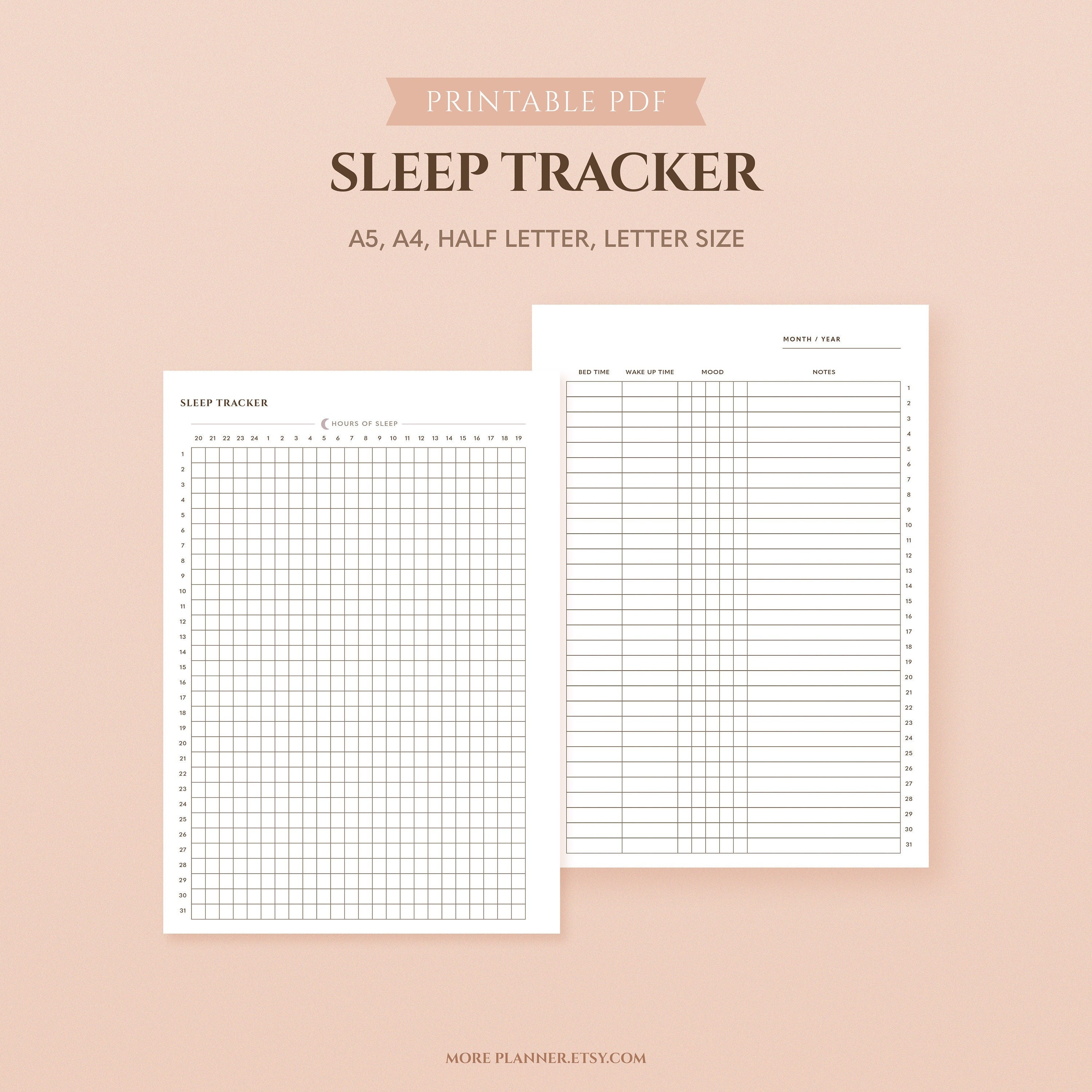 Hourly Sleep Tracker | Chart Duration of Nightly Sleep | Minimalist Design  | Instant Download