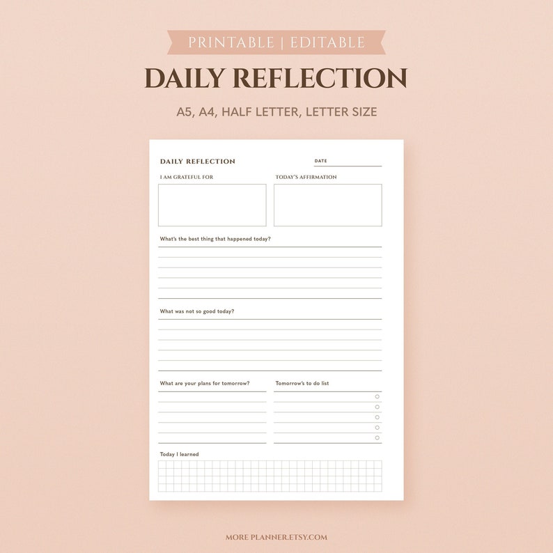 Daily Reflection Journal for Self Care Reflective Journal Printable ...