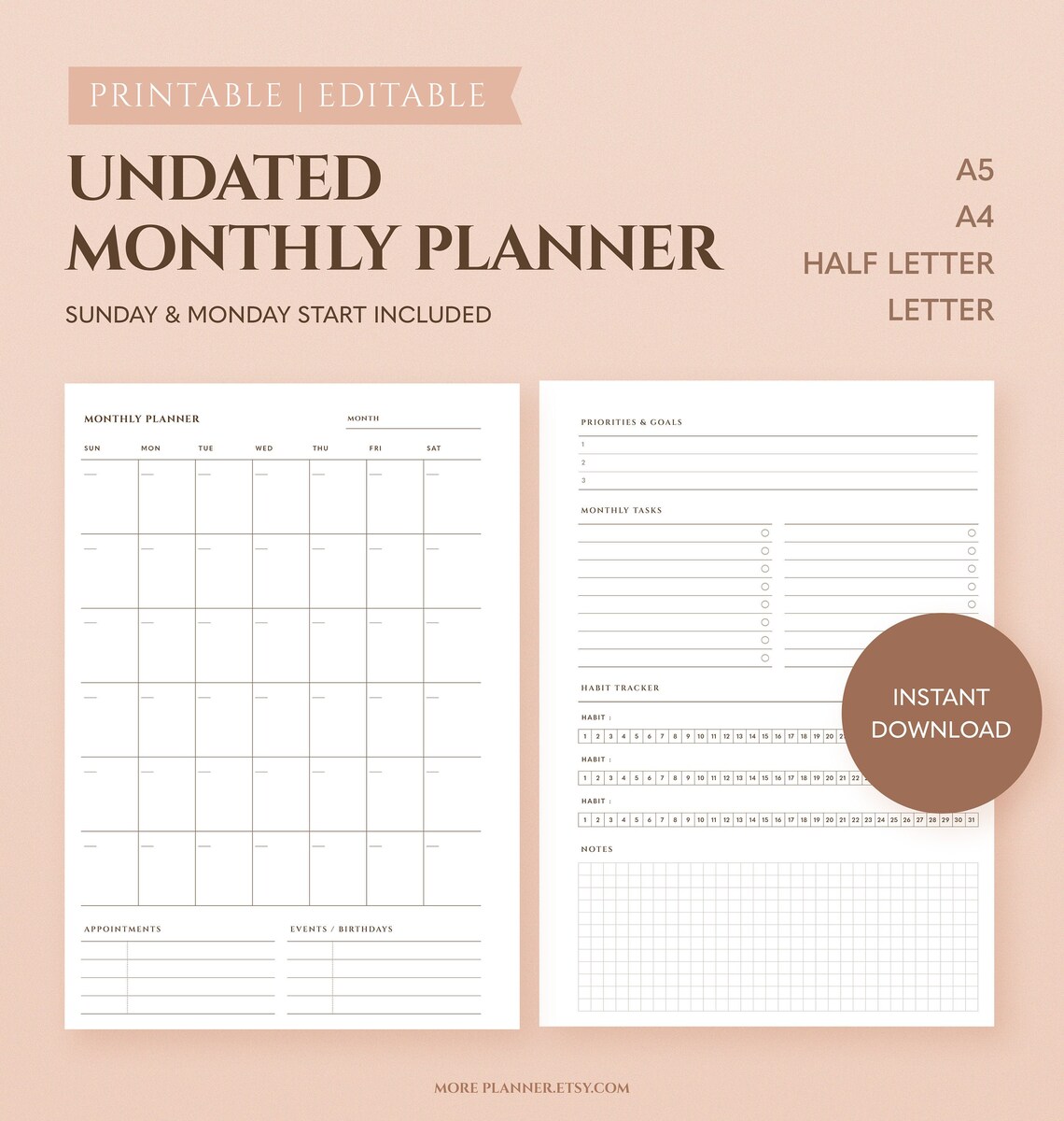 Undated A5 Monthly Planner Printable Month at a Glance | Etsy