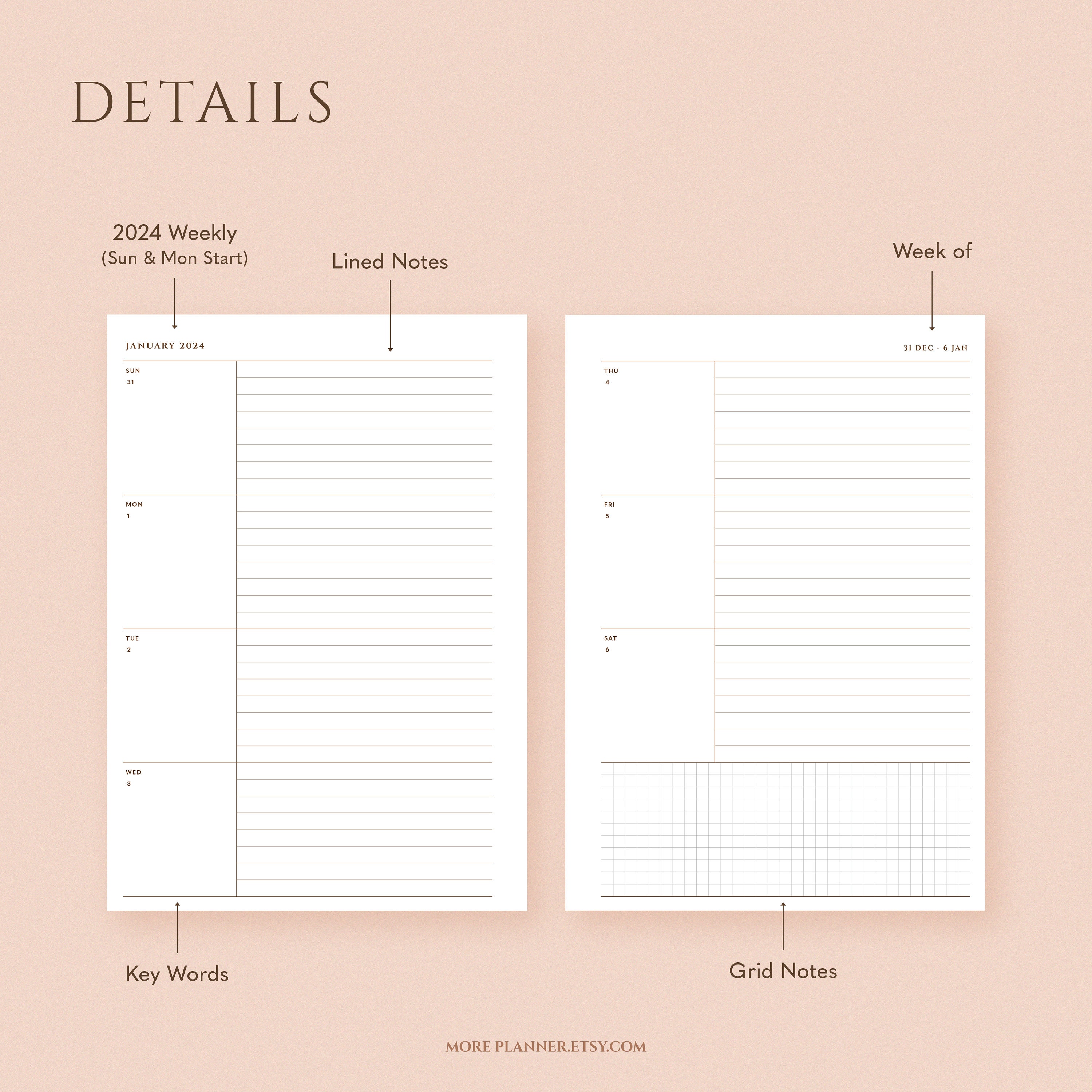 Half Letter 2024 Weekly Printable Planner Inserts Sunday & Monday Start ...