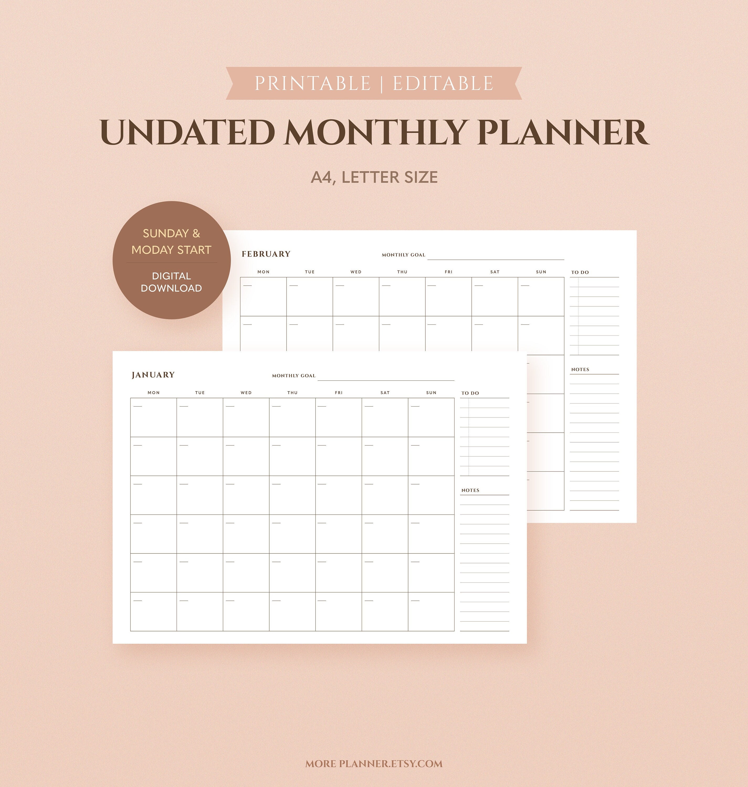 A4 Undated Monthly Desk Planner Printable, US Letter Monthly Calendar ...