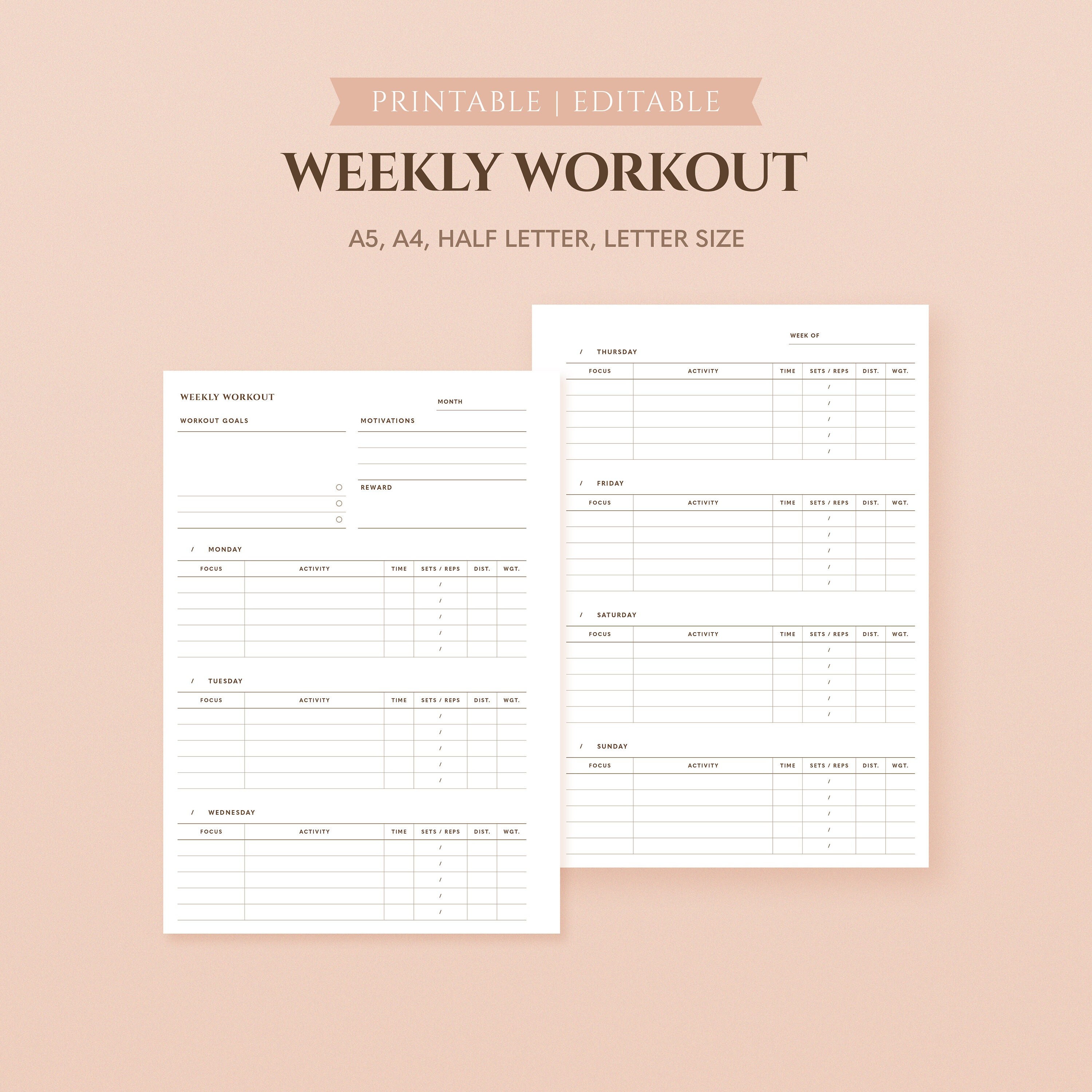 Weekly Workout Planner Minimal Printable Inserts Daily Exercise Log ...