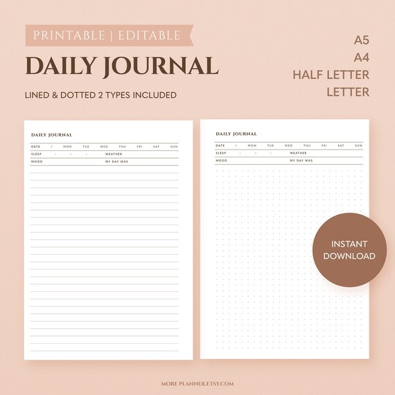 Printable Daily Journal Diary Pages Writing Blank Journal - Etsy