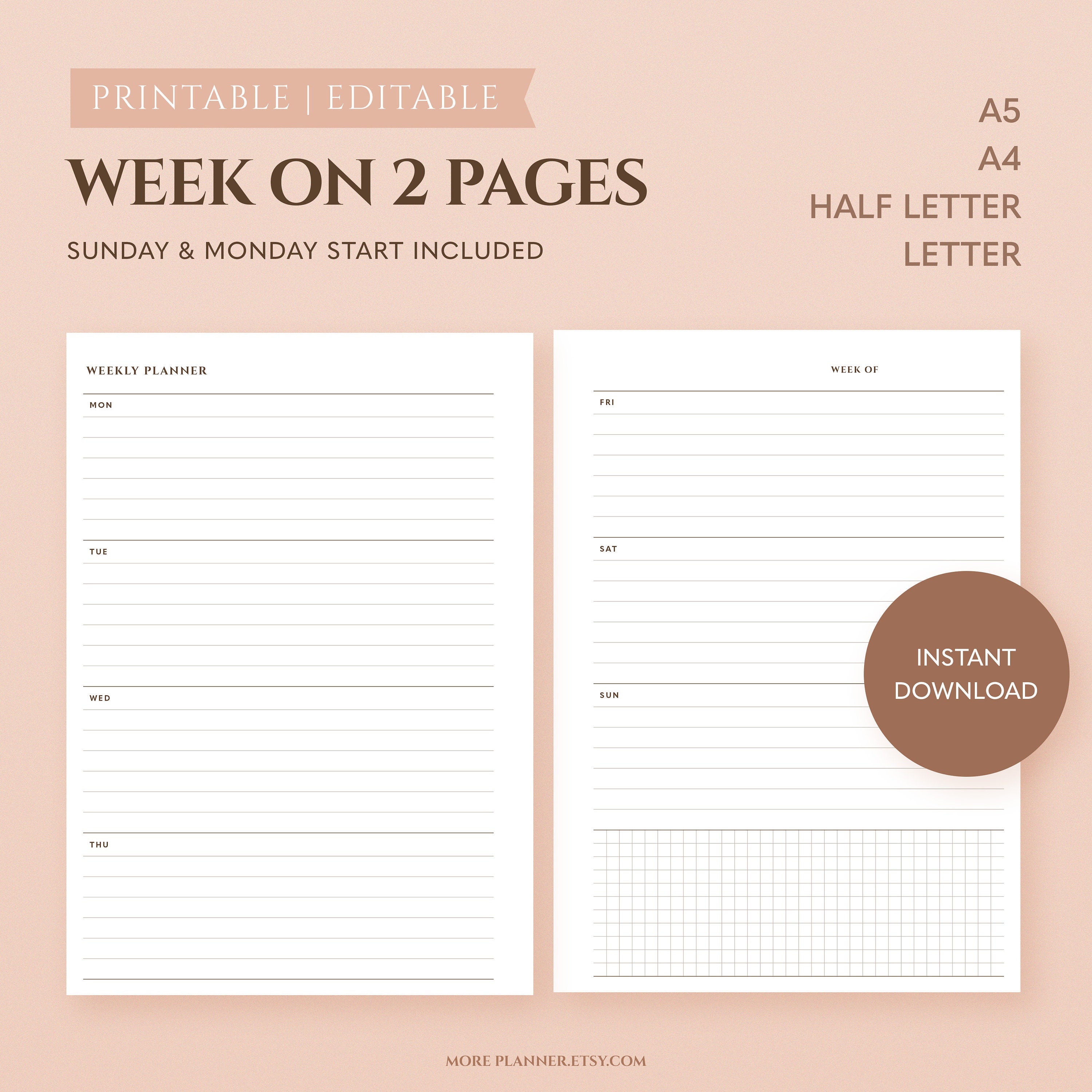 Minimalist Week on Two Pages Undated Weekly Planner | Etsy
