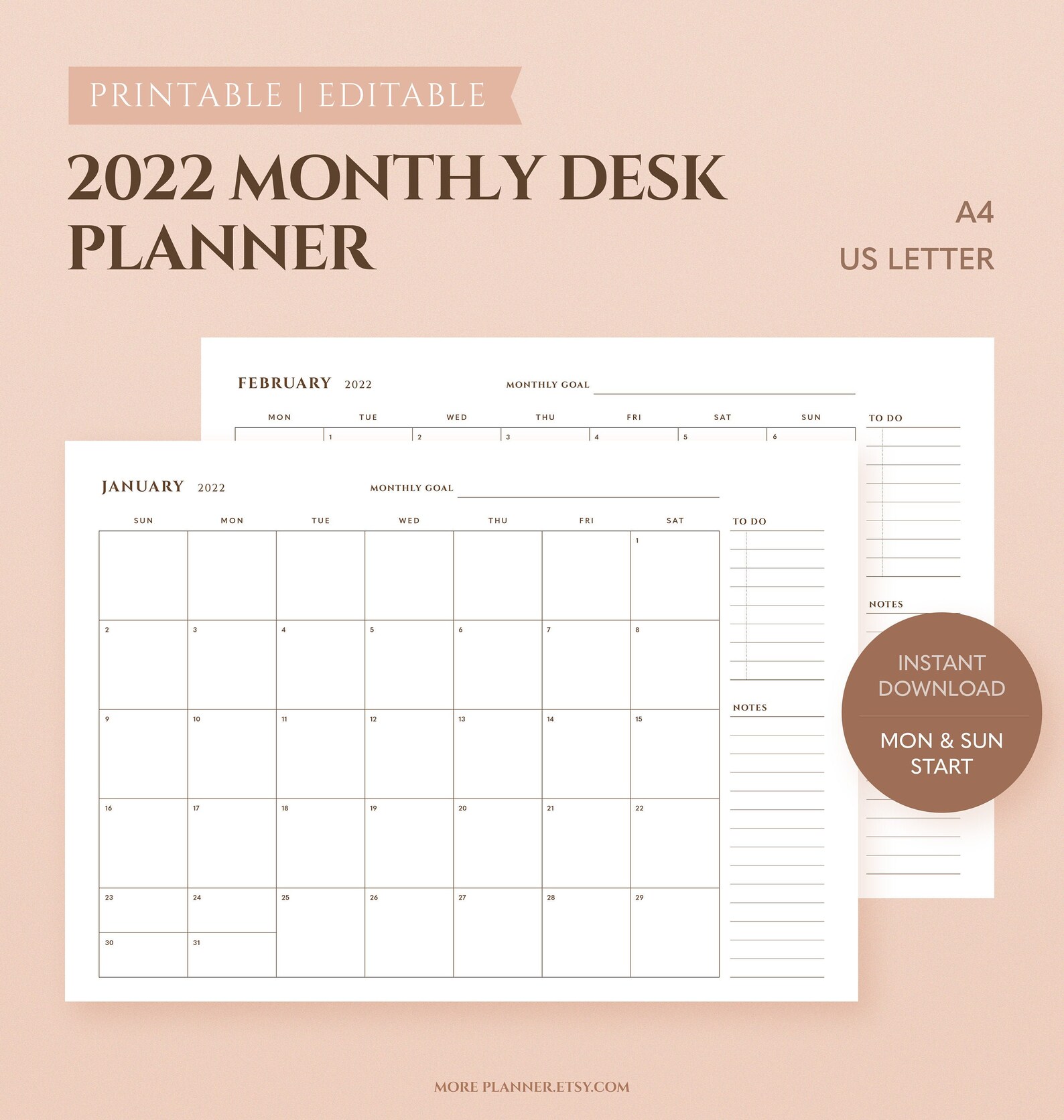 2022 Printable Calendar A4 Letter Size Minimal Modern Etsy Printable 