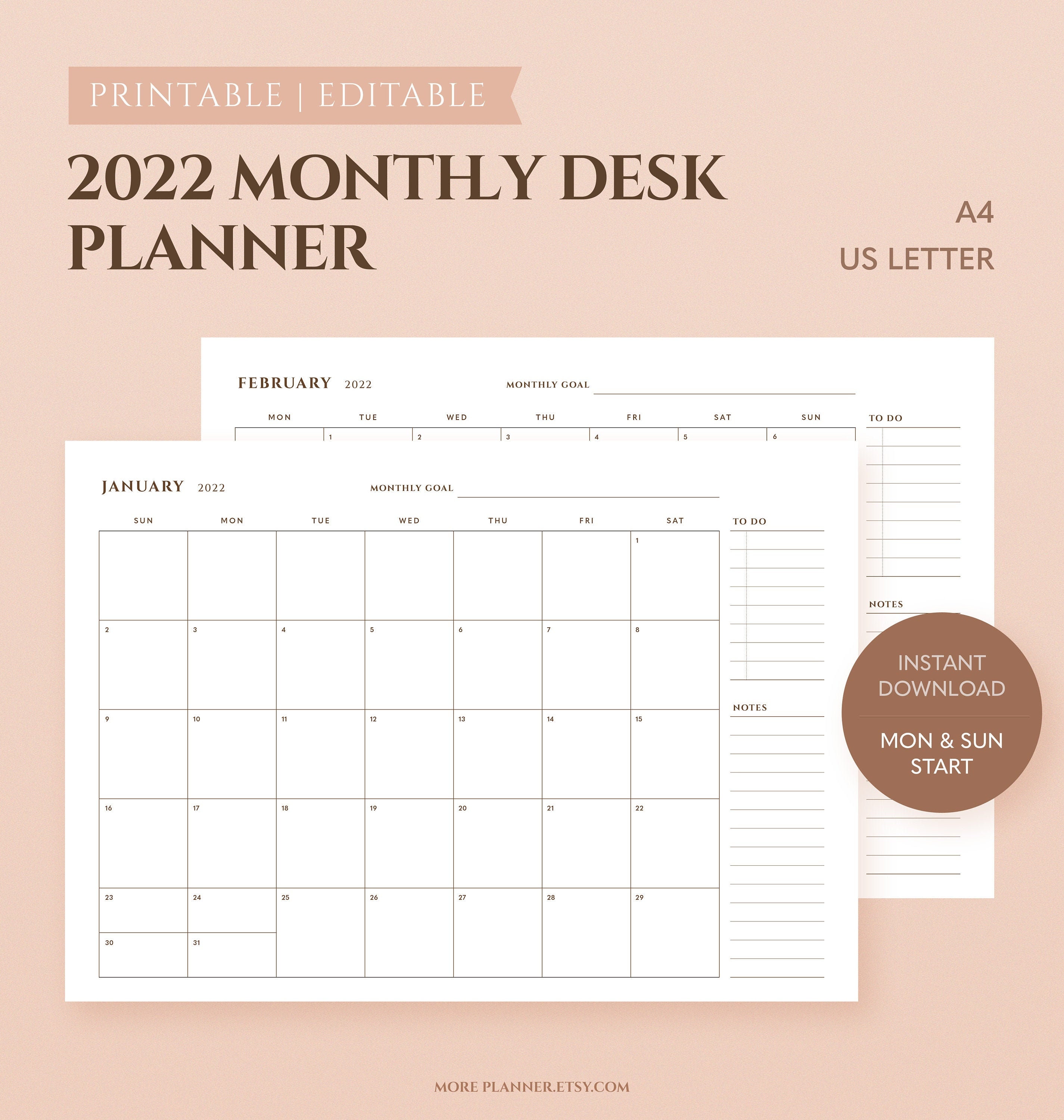 A4 Monthly Desk Calendar 2022 Printable US Letter Size Etsy