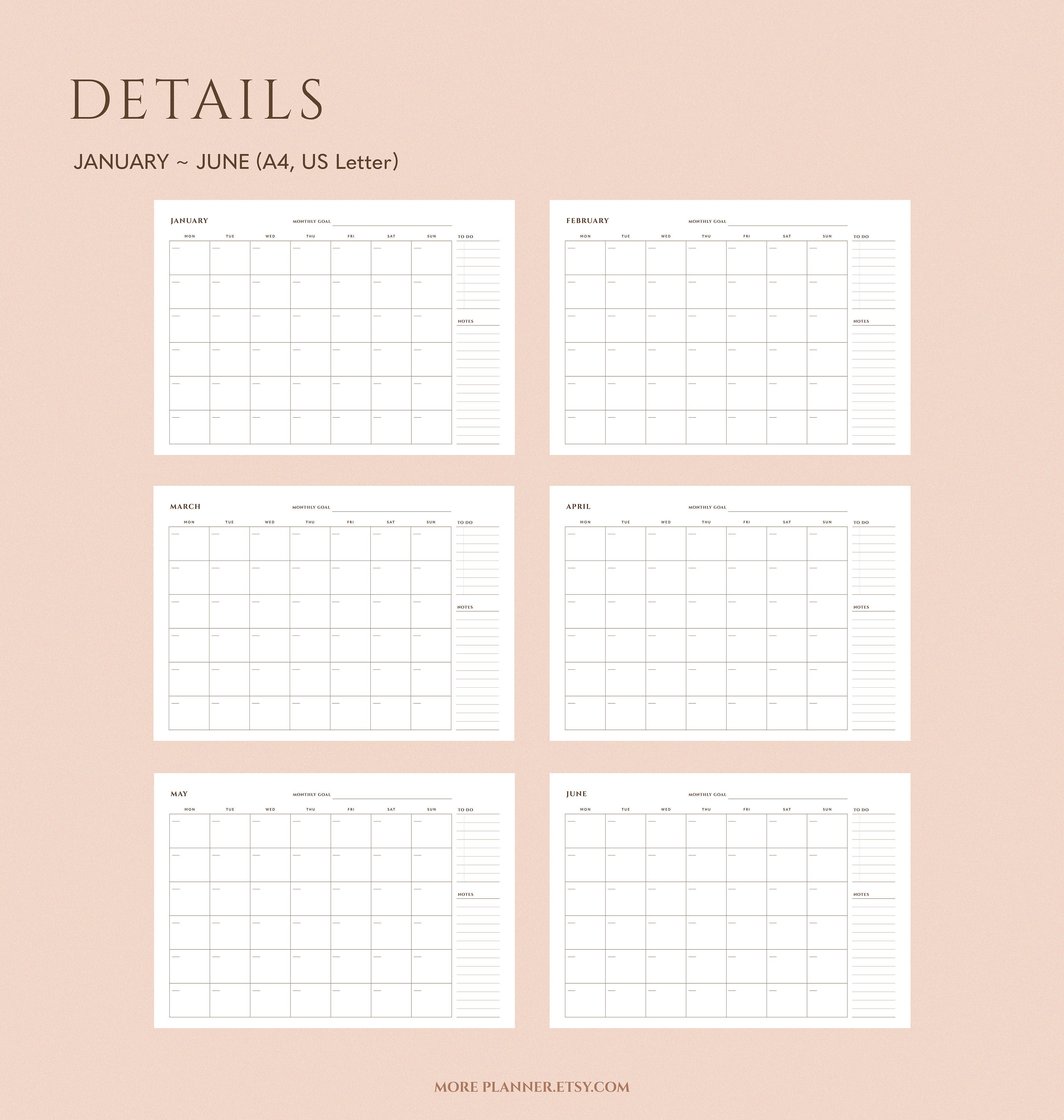 A4 Undated Monthly Desk Planner Printable, US Letter Monthly Calendar ...