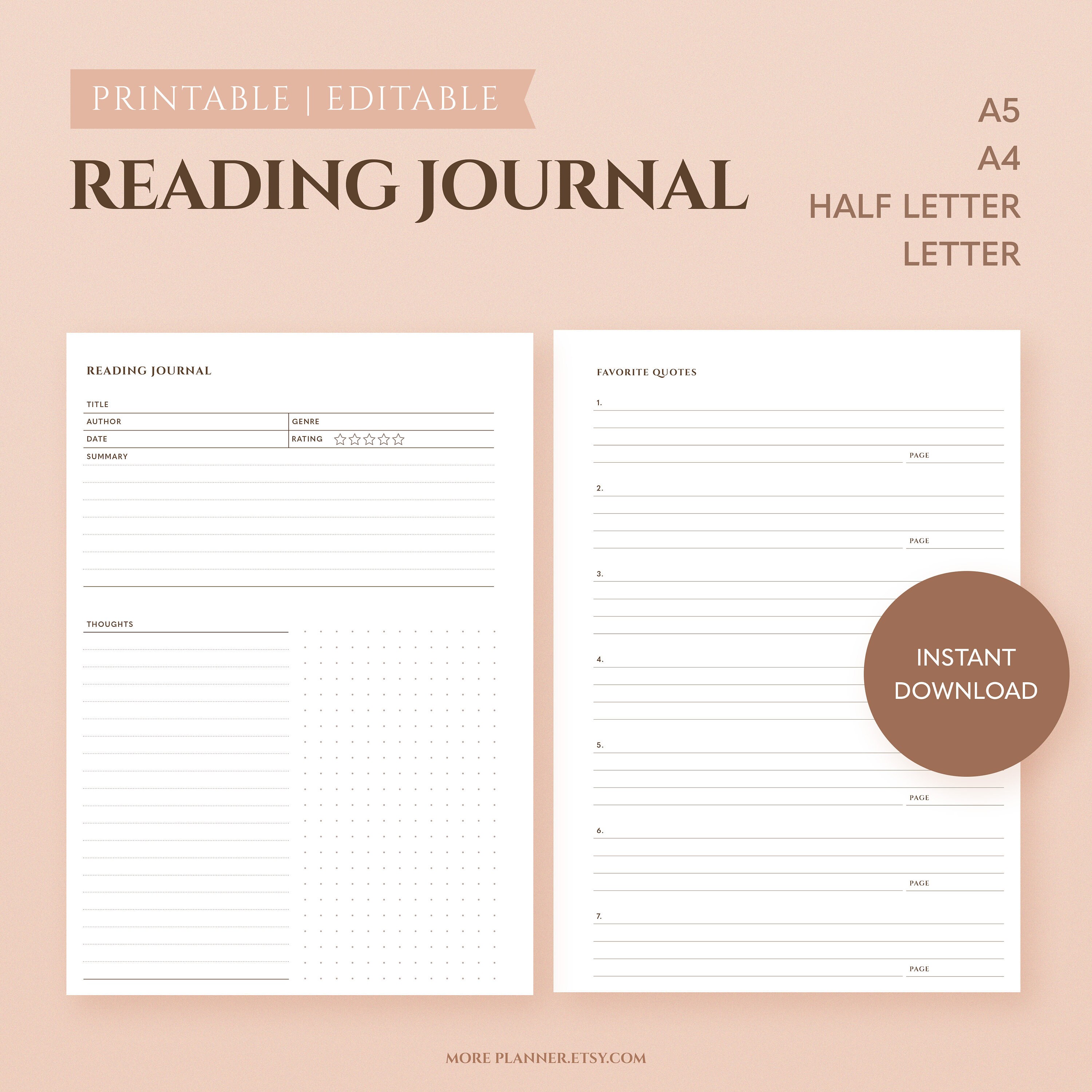 Paper Party Supplies Journal Reading Log Reading Planner Printable 