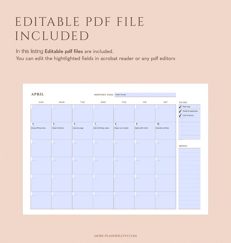 A4 Undated Monthly Desk Planner Printable, US Letter Monthly Calendar