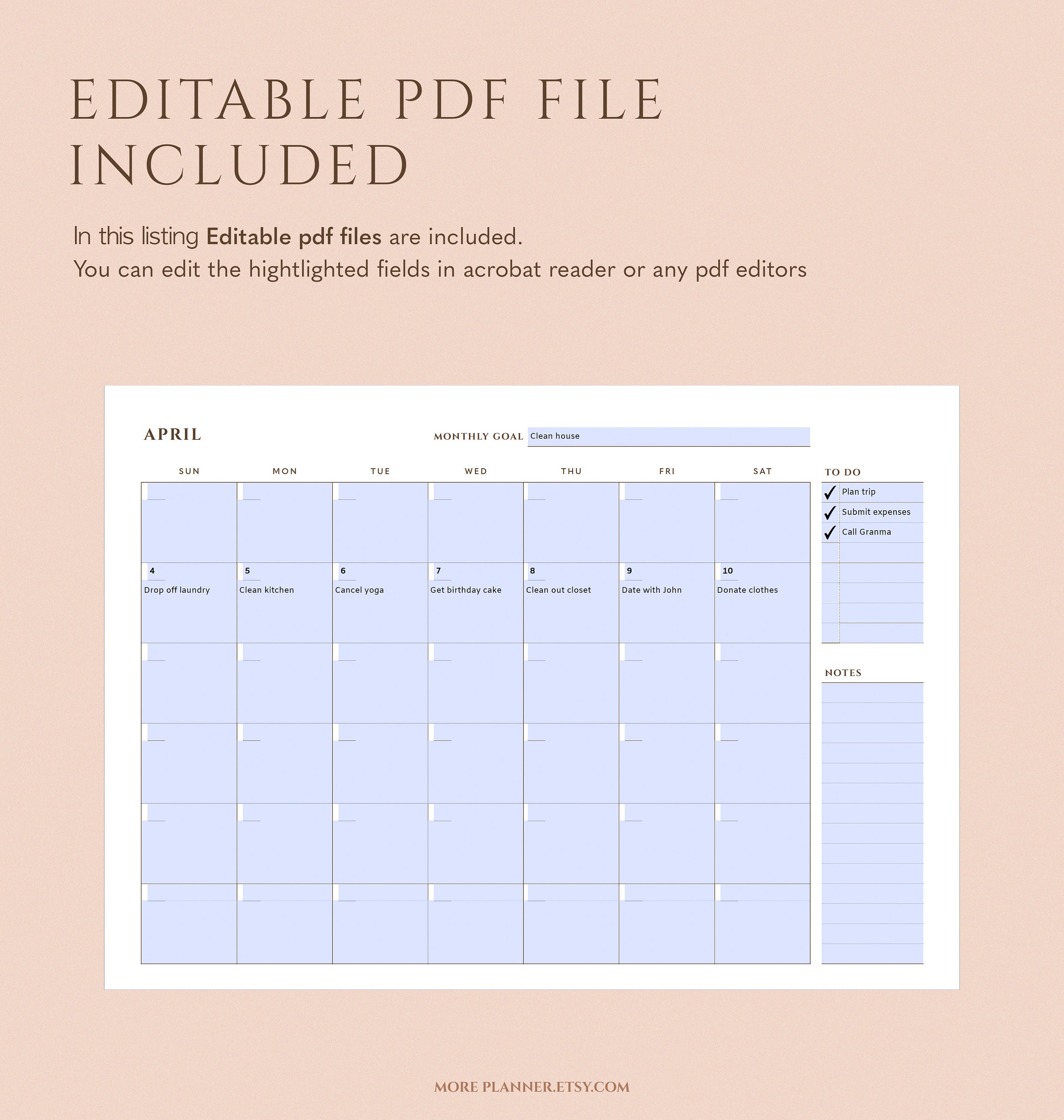 A4 Undated Monthly Desk Planner Printable, US Letter Monthly Calendar ...