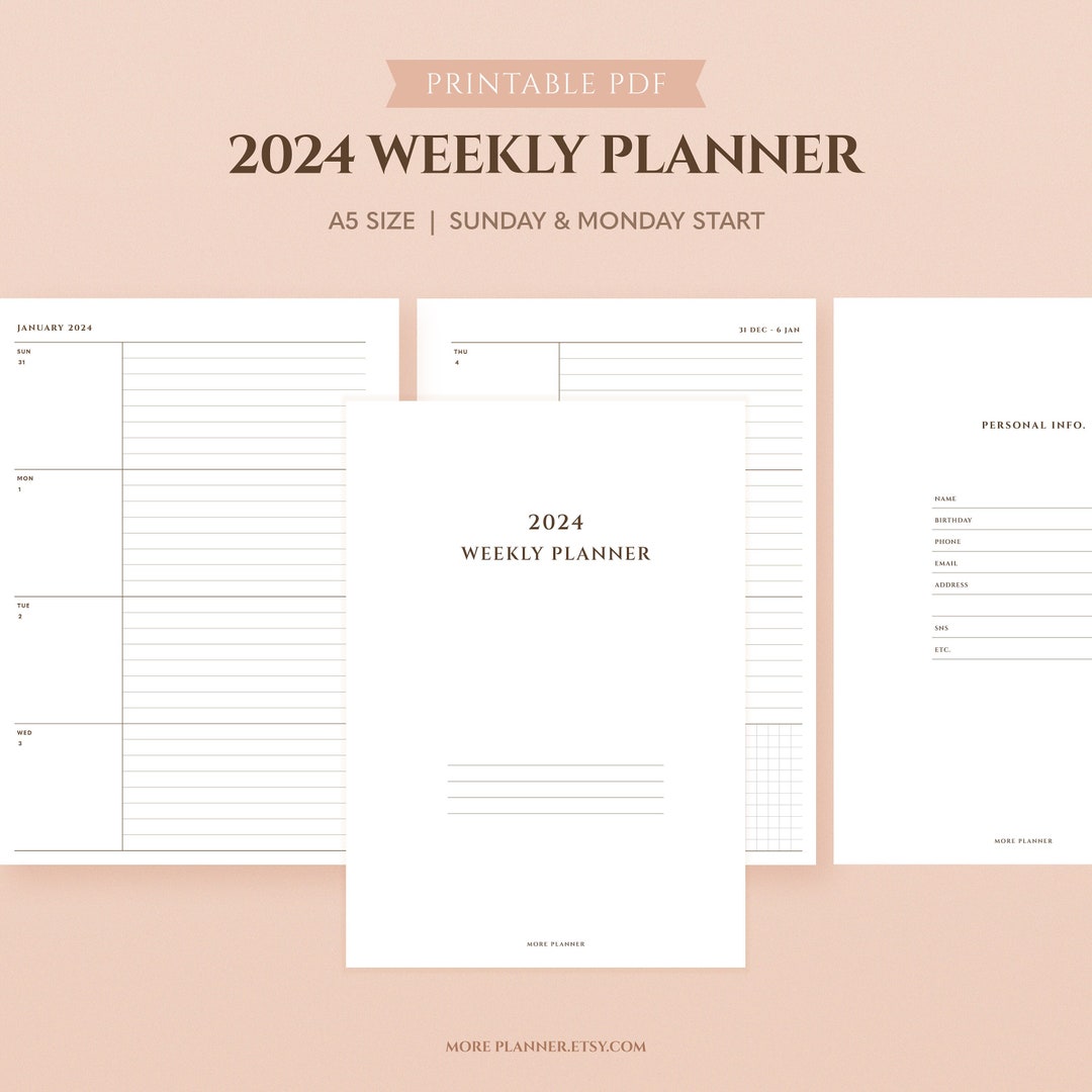 Half Letter 2024 Weekly Printable Planner Inserts Sunday & Monday Start ...