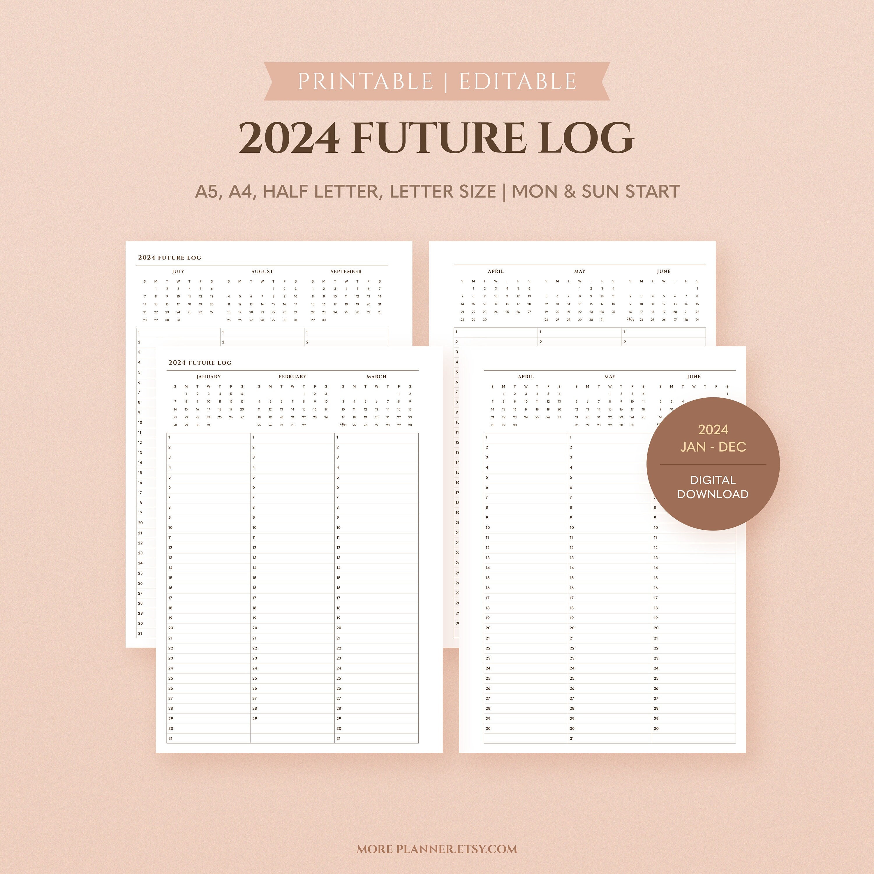 2024 Future Log Printable Planner Refills A5 Minimal Bullet