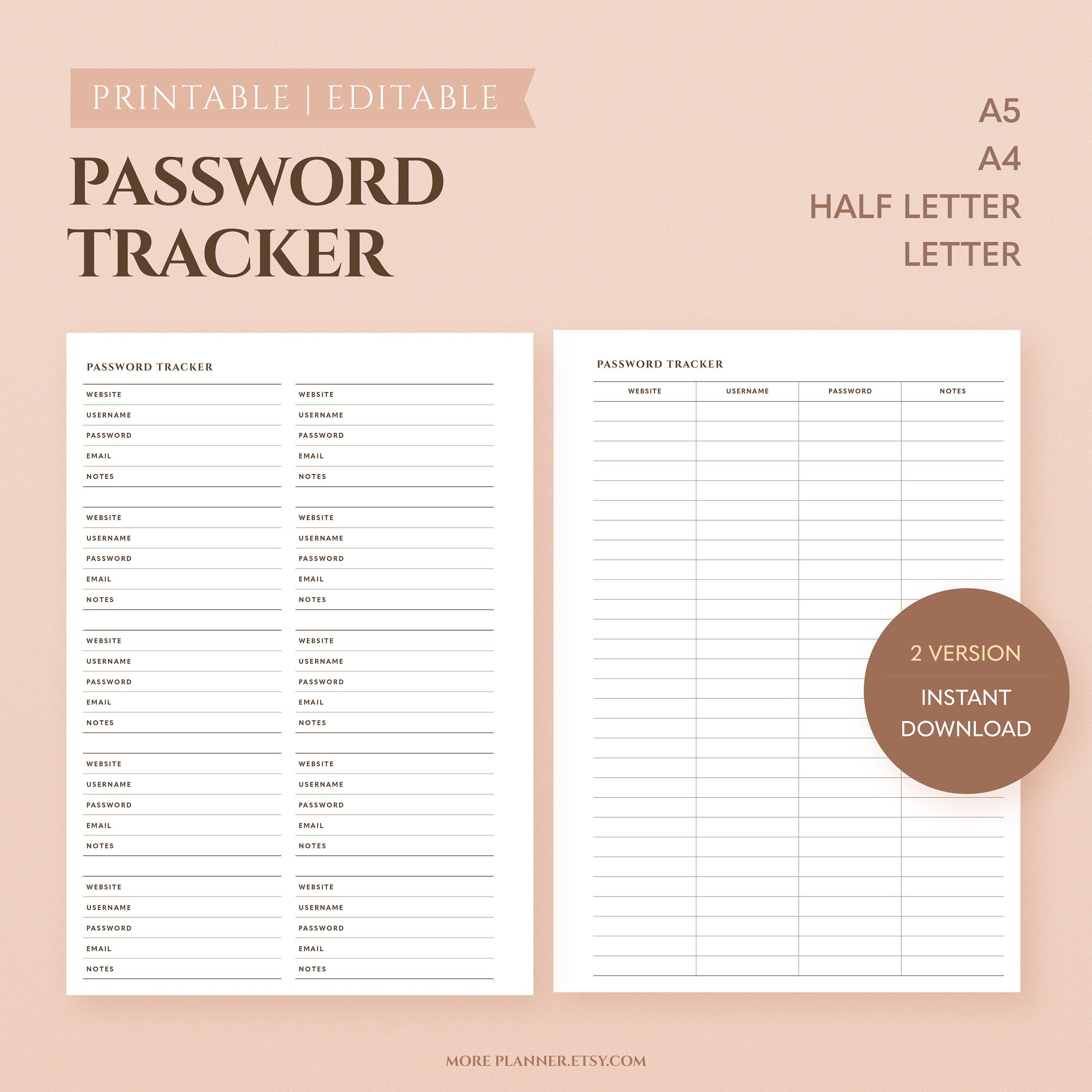 Calendars & Planners Password Keeper Editable Fillable Password Tracker ...