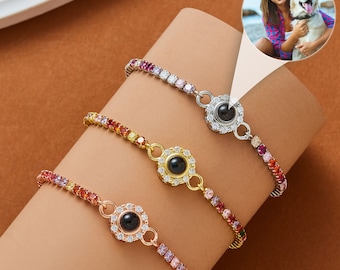 Custom Photo Projection Bracelet With Gemstone Tennis Chain, Personalized Pet Photo Bracelet, Memorial Picture Bracelet Gift For Mom Her Him