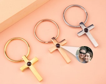 Photo Projection Keychain Keyring, Custom Picture Keychain, Photo Jewelry, Cross Keychain, Memorial Keychain, Couple Keychain For Men Women