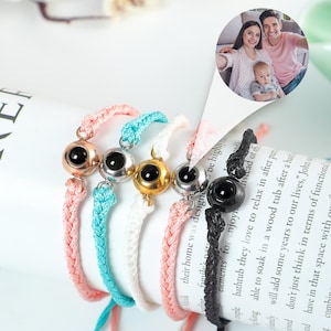 Personalized Circle Photo Bracelet, Projection Bracelet, Custom Braided Rope Picture Bracelet, Memorial Couple Gifts For Her Women Him