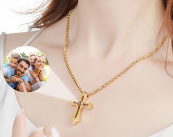 Photo Projection Necklace, Custom Picture Necklace, Memorial Necklace, Cross Mom Necklace, Couple Photo Jewelry, Gift for Her Mother Girl