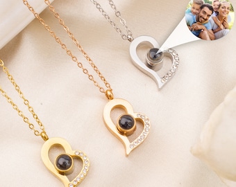 Projection Photo Necklace, Custom Picture Memorial Necklace, Heart Mom Necklace, Photo Jewelry, Valentine Day Gift for Couple Her