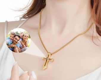Photo Projection Necklace, Custom Picture Necklace, Memorial Necklace, Cross Mom Necklace, Couple Photo Jewelry, Gift for Her Mother Girl