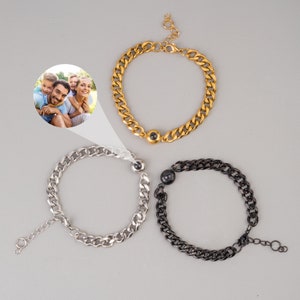 Personalized Photo Projection Bracelet, Photo Bracelet Gold Cuban Link Bold Chain, Memorial Custom Picture Jewelry for Him Men Her Boyfriend